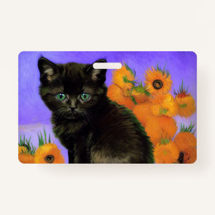 Badge Van Gogh Kitten noir avec des tournesols
