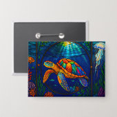 Badge Vibrant Stained Glass Sea Turtle Ocean Design (Recto/Verso)