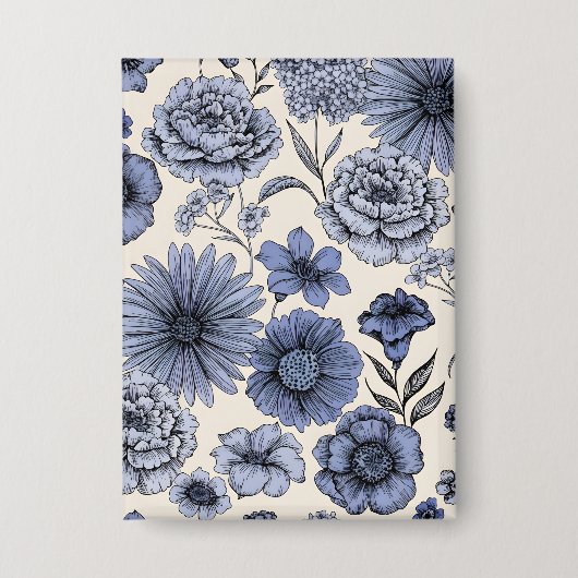 Badge Vintage Blue Toile Floral Botanical Pattern (Recto)