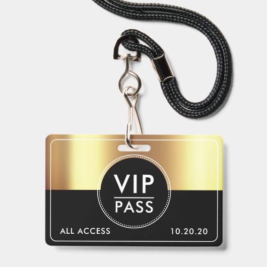 Badge VIP All Access Event Metallic Gold Black (Front with Lanyard)