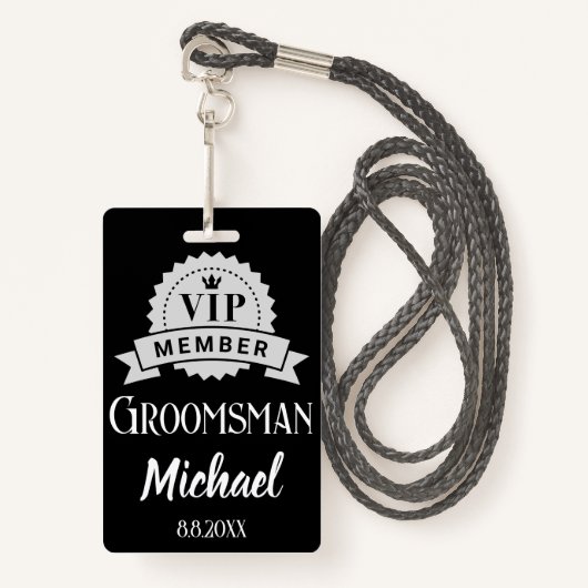 Badge vip membre groomsman mariage personnalisé noir (Devant avec lanière)