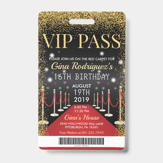 Badge VIP Pass Hollywood Tapis rouge Invitation d'annive (Front)