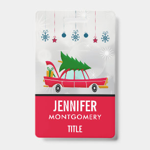 Badge Voiture rouge rétro portant un arbre de Noël