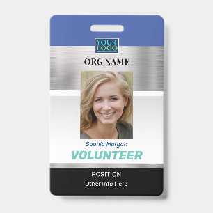 Badge Volunteer, Photo Nom Logo Info, Silver Blue Black