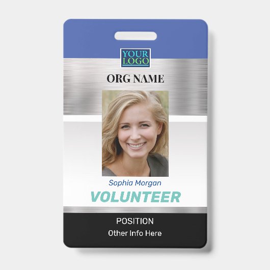 Badge Volunteer, Photo Nom Logo Info, Silver Blue Black (Avant)