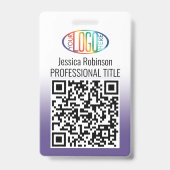 Badge Votre logo, code QR, nom et titre Dégradé violet (Avant)