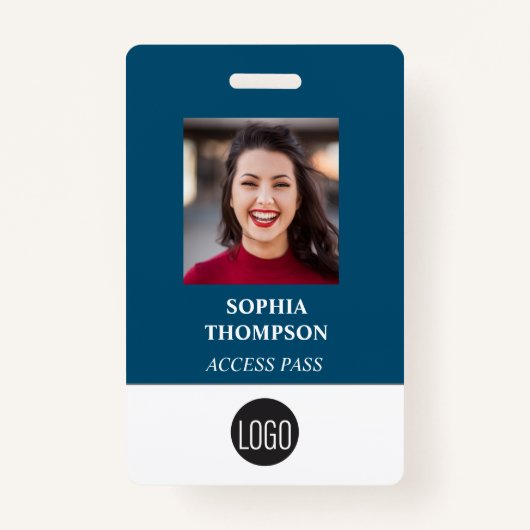Badge Votre logo Nom de l'employé Code barre photo bleu (Devant)