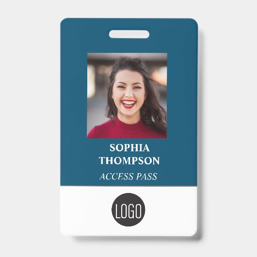 Badge Votre Logo Nom de l'employé Photo Code-barres Bleu (Avant)