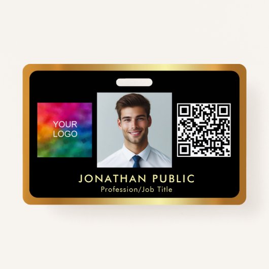 Badge Votre logo QR Code photo employé Noir & Or (Devant)