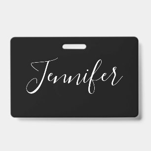 Badge Votre nom Écriture blanche élégante sur fond noi
