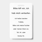 Badge "Wenn ich Hilfe brauche:" Ausweis (Arrière)