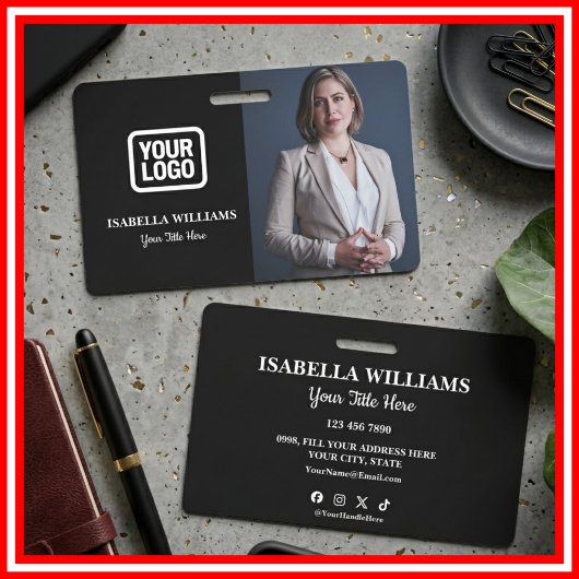 Badge Your Logo Here Modern Black Photo Staff Name