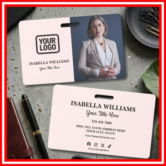 Badge Your Logo Here Modern Pink Photo Staff Name