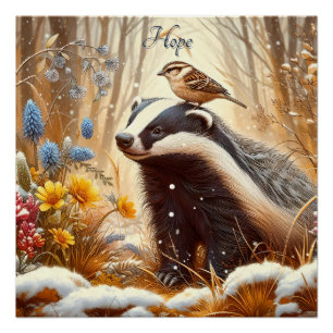 Badger and Sparrow Natuur Wildlife Rustic Perfect Poster
