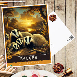 Badger Carte postale Famille Vintage Animal