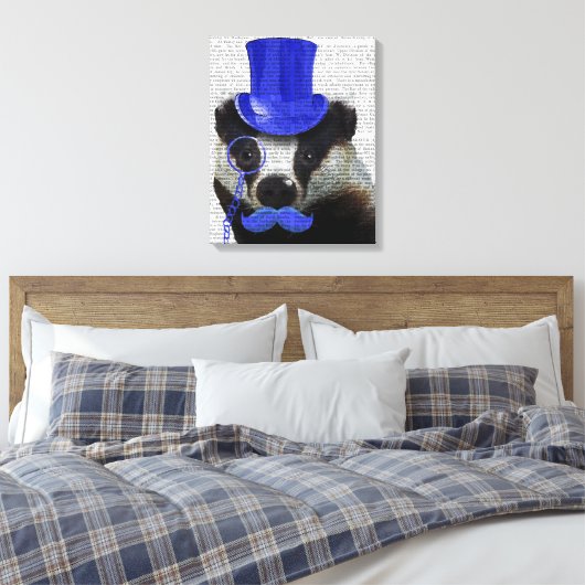 Badger met Blue Top Hat en Mustache Canvas Afdruk (Insitu (Slaapkamer))