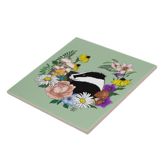 Badger Wilde Bloemen Paddenstoelen Groen Tegeltje (Zijkant)