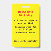 Badges d'invitation "Anniversaire d'agent secret/e (Arrière)