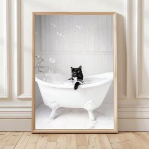 Badkamer Zwarte Kat in Badkuip Print, Badkuip Muur Poster