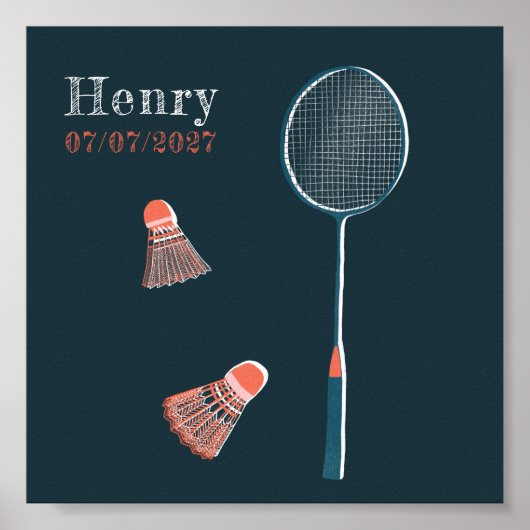  Badminton CUSTOM BABY NAAM BIRTHDATE Art Poster (Voorkant)