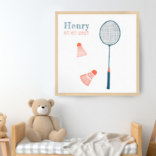  Badminton CUSTOM BABY NAAM BIRTHDATE Art Poster