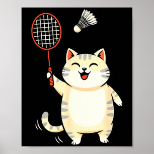 Badminton Kat Cartoon Kunst, Grappige Kat Ontwerp Poster