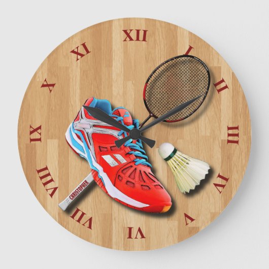 Badminton Shoe Racket Shuttlecock met Jouw naam Grote Klok (Voorkant)