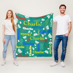 Badminton witte, blauwe, rode en groene naam fleece deken