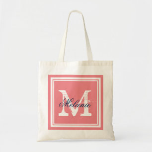 Bag Coral and navy monogram wedding party tote bags