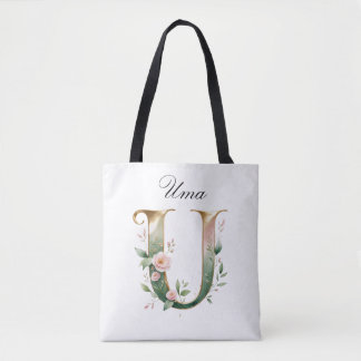 Bag Custom Gold Floral Letter U All-Over Print Tote