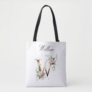 Bag Custom Gold Floral Letter W All-Over Print Tote