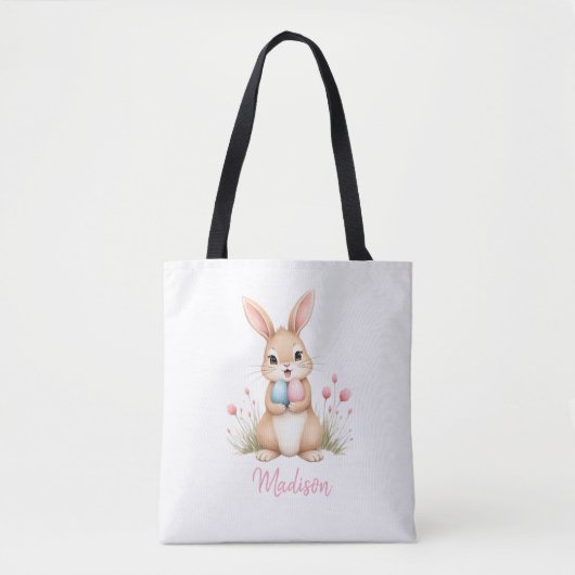 Bag Cute bunny, custom name Easter egg hunt tote bag. (Devant)