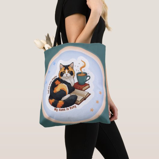 Bag Personalized Magical Teal Calico Cat Bookworm Tote (De près)