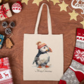 Bag Tote Puffin Noël de style côtier à l'aquarelle