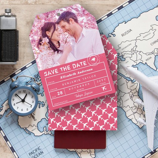 Bagagelabel bestemming bruiloft Fuchsia roze foto Save The Date