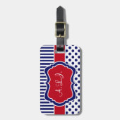 Bagagelabel rode, witte, blauwe stripte pooldots (Voorkant verticaal)