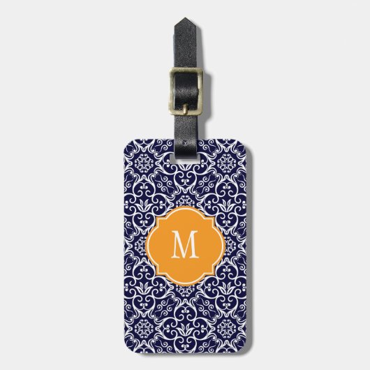 Bagagelabel van Navy Blue & White Damask Monogram (Voorkant verticaal)
