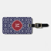 Bagagelabel van Navy Blue & White Damask Monogram (Voorkant horizontaal)