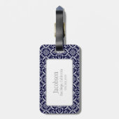 Bagagelabel van Navy Blue & White Damask Monogram (Achterkant verticaal)
