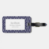 Bagagelabel van Navy Blue & White Damask Monogram (Achterkant horizontaal)