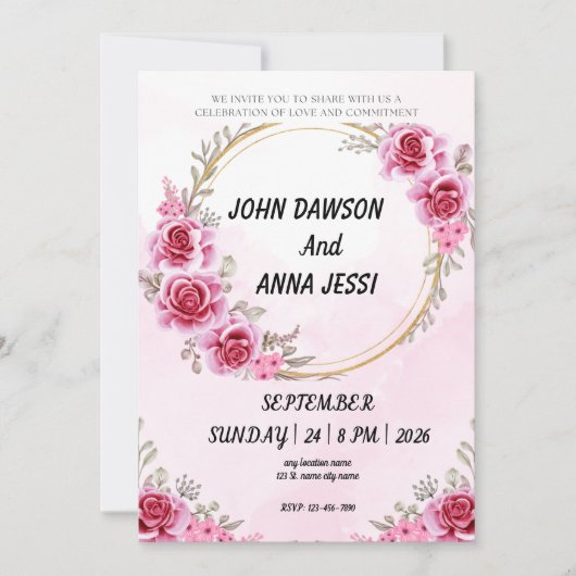 Bague or rose rose rose des invitations de mariage (Devant)