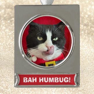 Bah Humbug Tuxedo Kat Kerstversiering Verzilverd Banner Ornament
