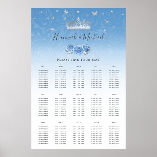 Bahama Blue en Silver Crown Floral Seating Charts Poster (Voorkant)