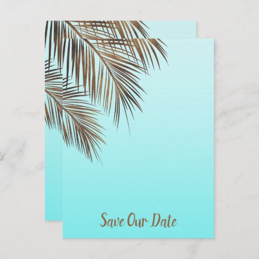 Bahama Breeze Koper Palm Aqua Blauw Save The Date Aankondigingskaart (Voorkant / Achterkant)