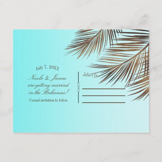 Bahama Breeze Koper Palm Aqua Blauw Save The Date Aankondigingskaart (Achterkant)