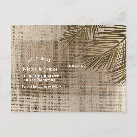 Bahama Bronzen Palm Rustieke Burlap Save the Date Aankondigingskaart (Achterkant)
