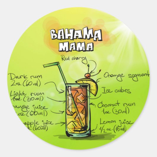 Bahama Mama Cocktail Recipe Ronde Sticker (Voorkant)