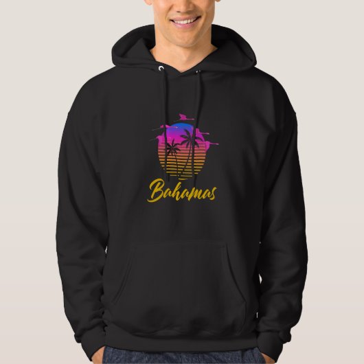 Bahamas Caribbean Retro Sunset Palm Tree Flamingo Hoodie (Voorkant)