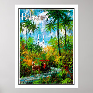 Bahama's, door het oerwoud rijden, vintage, reizen poster