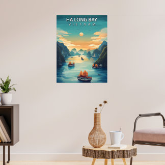 Baie d'Ha Long – Affiche de voyage vintage du Viet